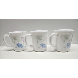 Arcopal France Chloe Mugs Set (3) Blue Pink Flowers Pretty Opal Milk Glass